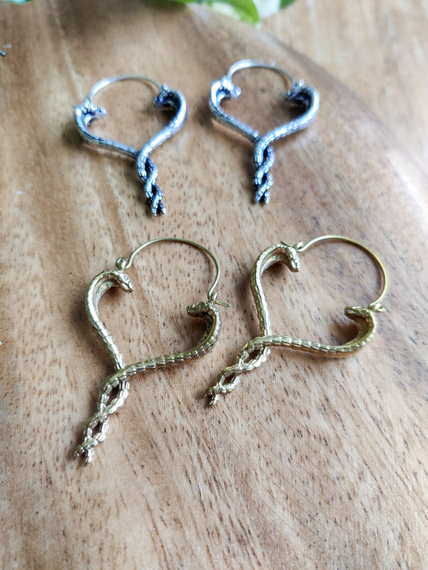 Brass Snake Heart Twist Earrings