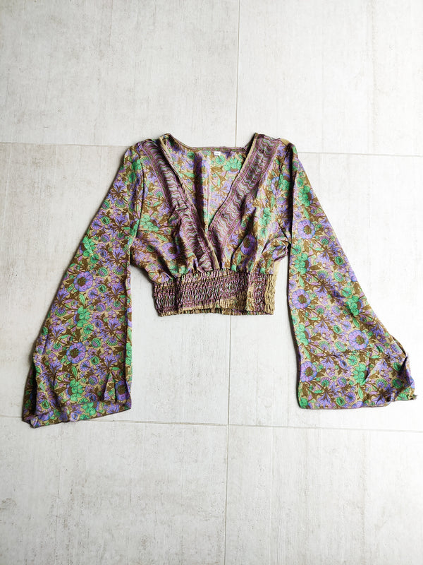 Silk Sari Cross Over Long Sleeve Top