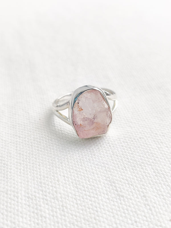 Rose Quartz Sterling Silver Rough Crystal Ring - Size 10