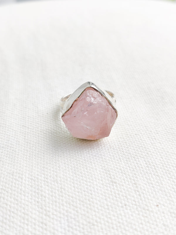 Rose Quartz Sterling Silver Rough Crystal Ring - Size 9