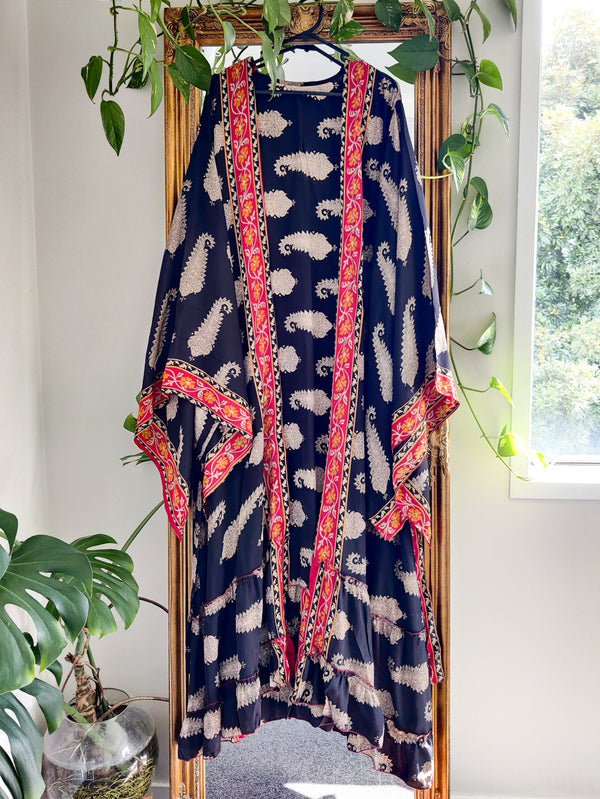 Recycled Silk Sari Wrap Ruffle Kimono