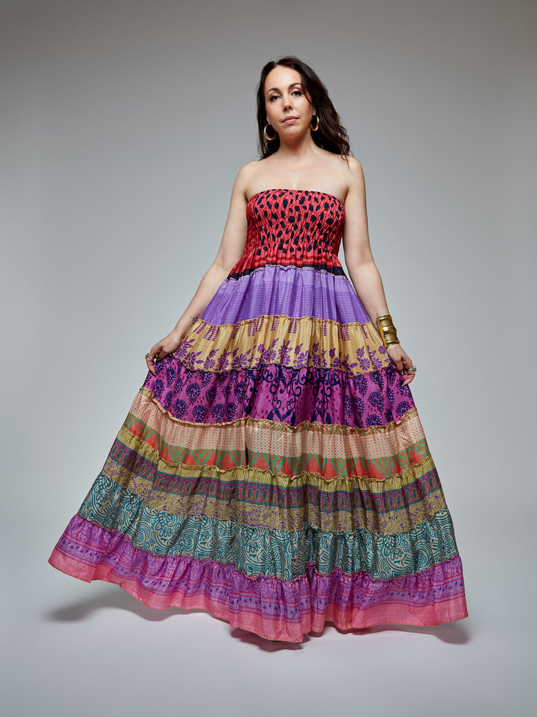 Rose Patchwork Sari Silk Maxi Dress