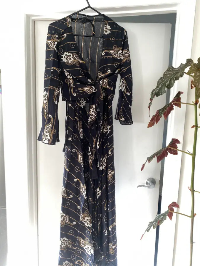 Lurex Rayon Maxi Dress and Wrap Top Set - Black & Gold