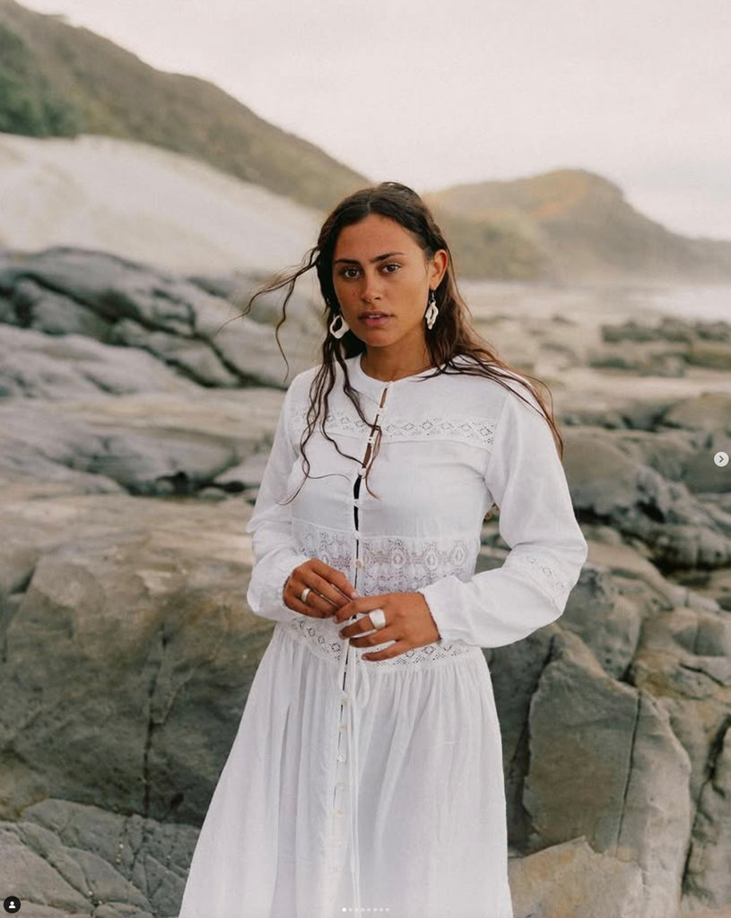 Long Sleeve White Bohemian Cotton and Crochet Maxi Dress