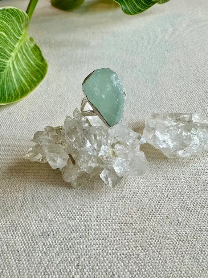 Aquamarine Sterling Silver Rough Crystal Ring - Size 8