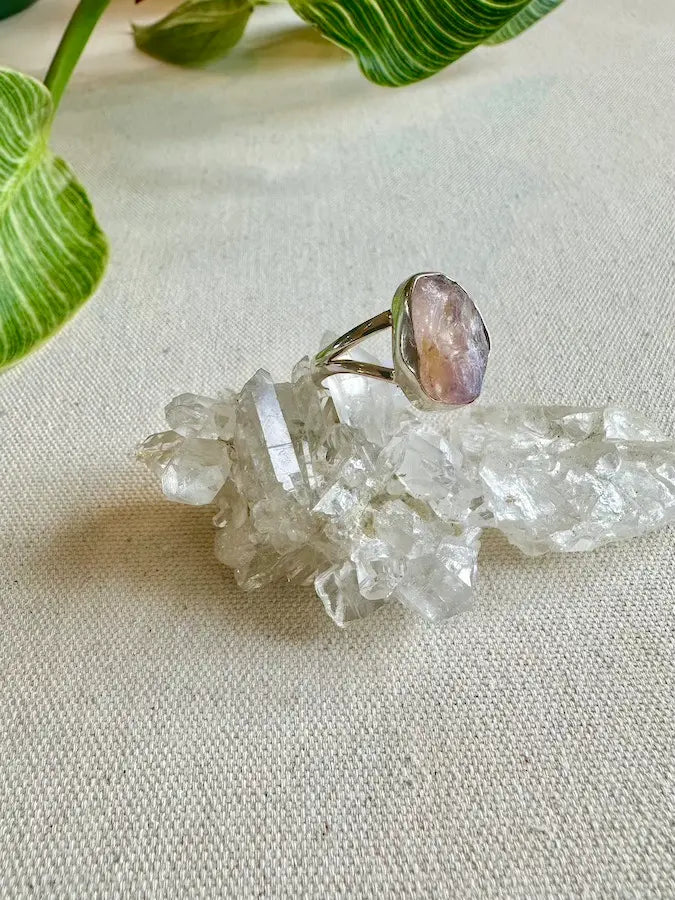 Rose Quartz Sterling Silver Rough Crystal Ring - Size 9
