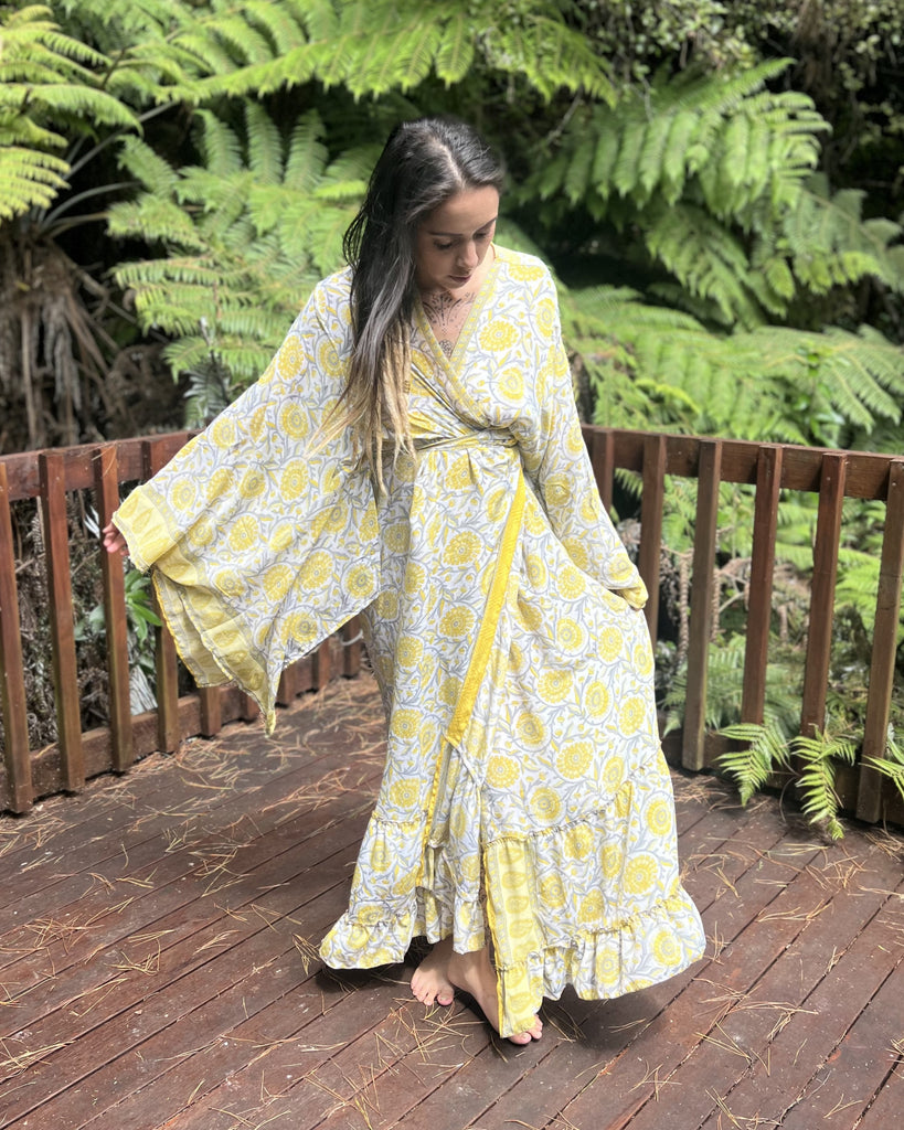 Recycled Silk Sari Wrap Ruffle Kimono