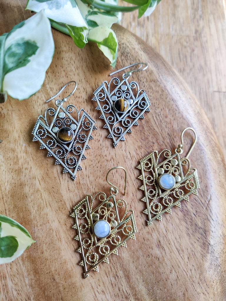 Brass and Stone Statement Earrings
