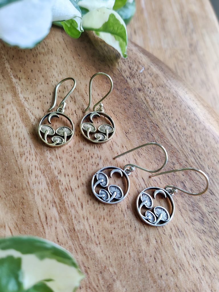 Brass Mushroom Moon Earrings