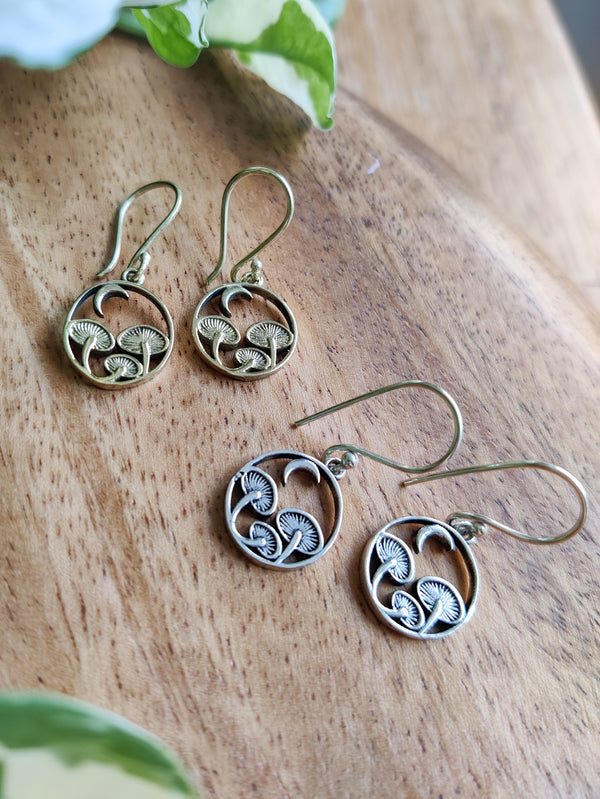 Brass Mushroom Moon Earrings