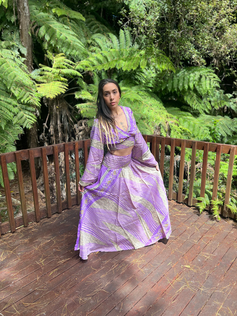 Ranita Long Sleeve Silk Sari Set - Purple
