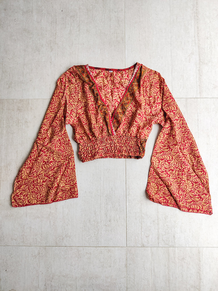 Silk Sari Cross Over Long Sleeve Top