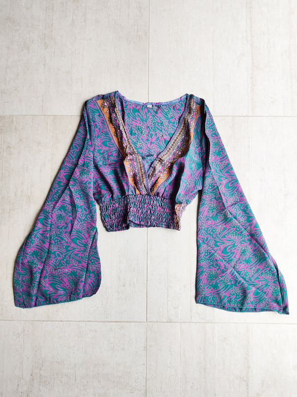 Silk Sari Cross Over Long Sleeve Top