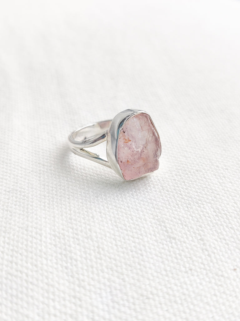 Rose Quartz Sterling Silver Rough Crystal Ring - Size 10