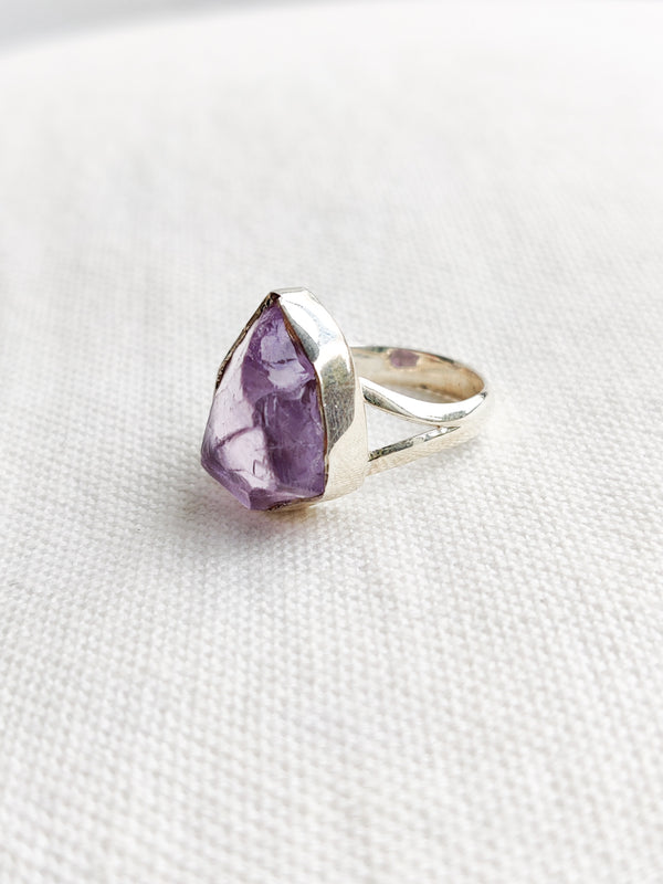 Amethyst Sterling Silver Rough Crystal Ring - Size 8