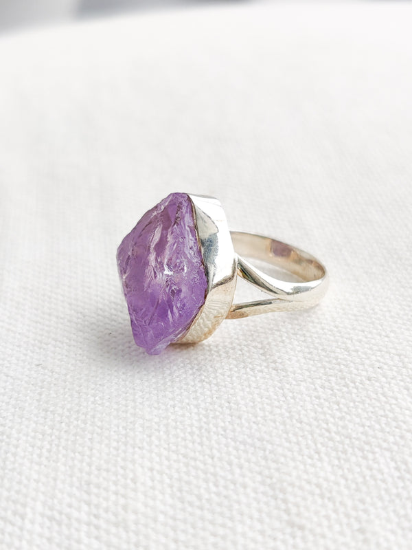 Amethyst Sterling Silver Rough Crystal Ring - Size 7