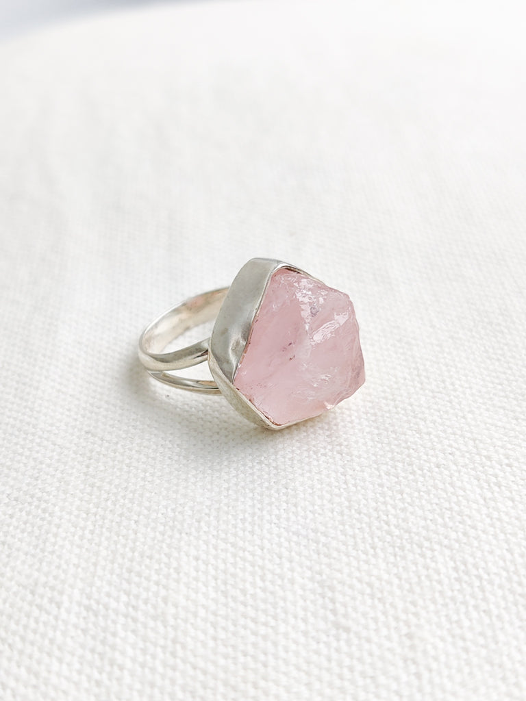 Rose Quartz Sterling Silver Rough Crystal Ring - Size 9