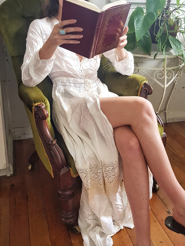 Long Sleeve White Bohemian Cotton and Crochet Maxi Dress