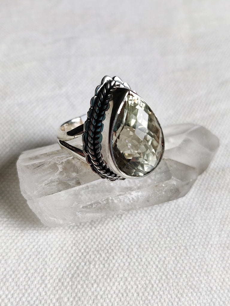 Sterling Silver Bezel Set and Detailed Prasiolite (Green Amethyst) Ring - One off