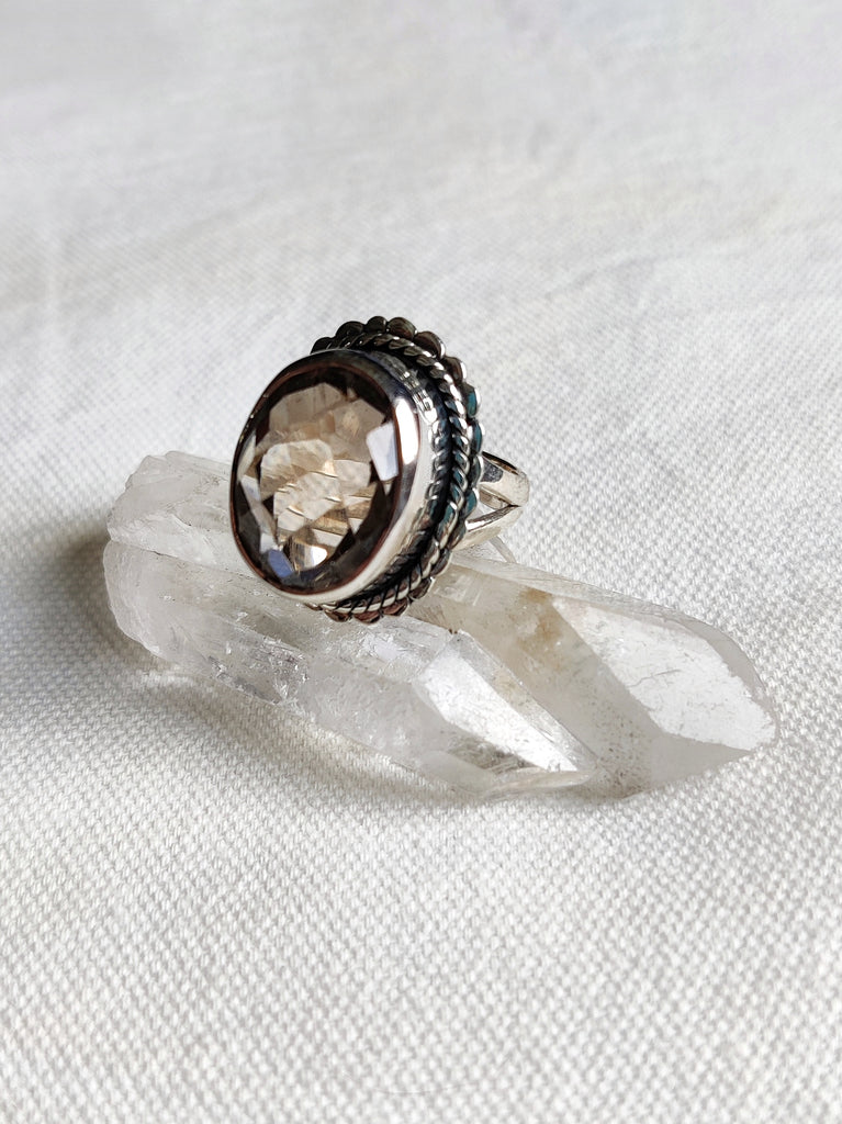 Sterling Silver Bezel Set and Detailed Smokey Quartz Ring - One off