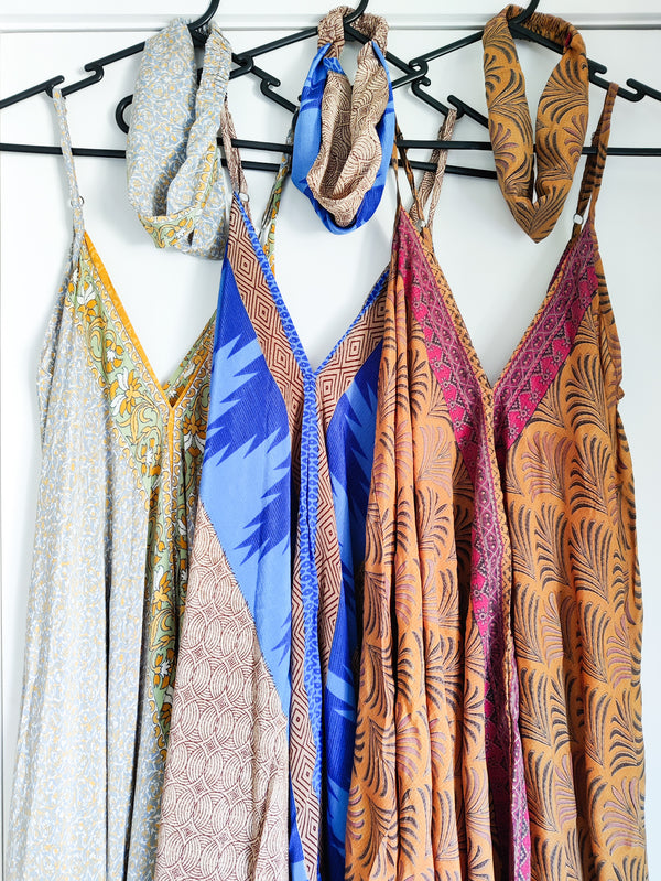 Recycled Silk Sari Jessica Maxi Dress w/ matching headband