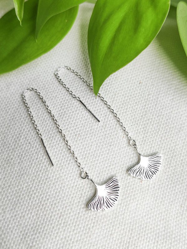 Sterling Silver Ginkgo Leaf Thread Chain Earrings